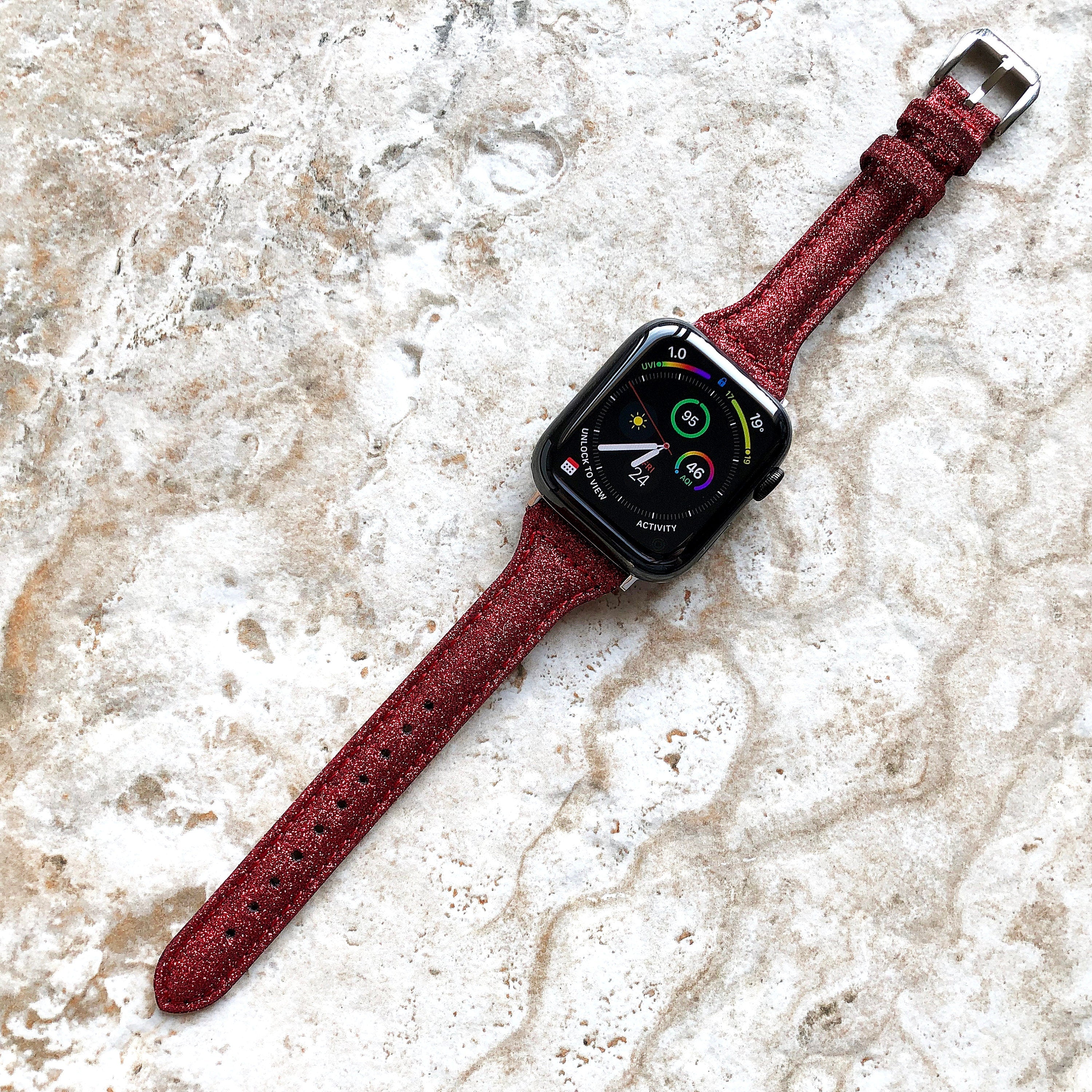 Apple Watch Red Sparkling Glitter Band for All Series iWatch 38mm 40mm 41mm 42mm 44mm 45mm 49mm Slim Handmade Elegant Leather Straps